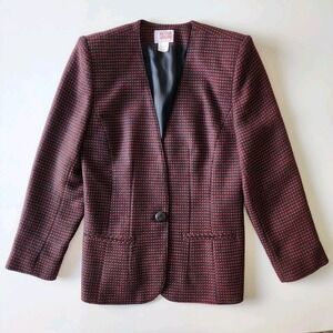 Vintage MISTER LEONARD Blazer Womens‎ 8 Wool Blend Red Black Check Shoulder Pads